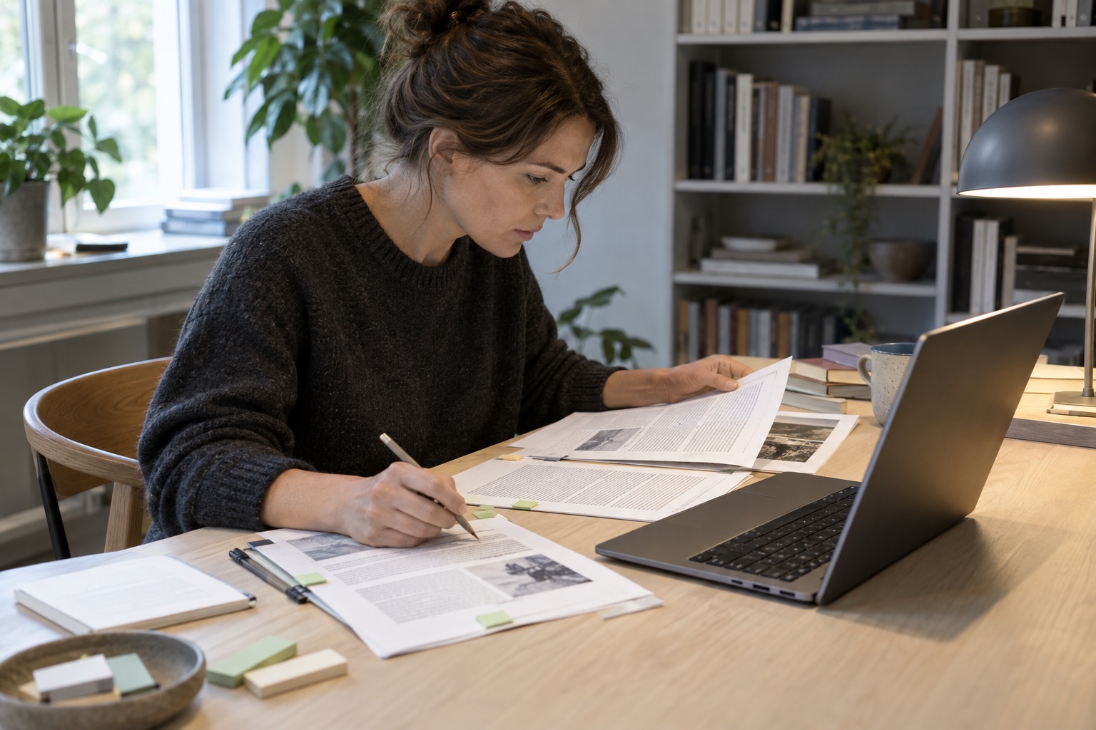 En fagperson sammenholder et AI-udkast på en laptop med udskrevne kilder