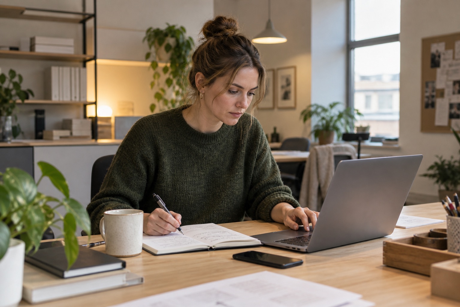 En fagperson arbejder med mødenotater og en laptop i et lyst nordisk kontor