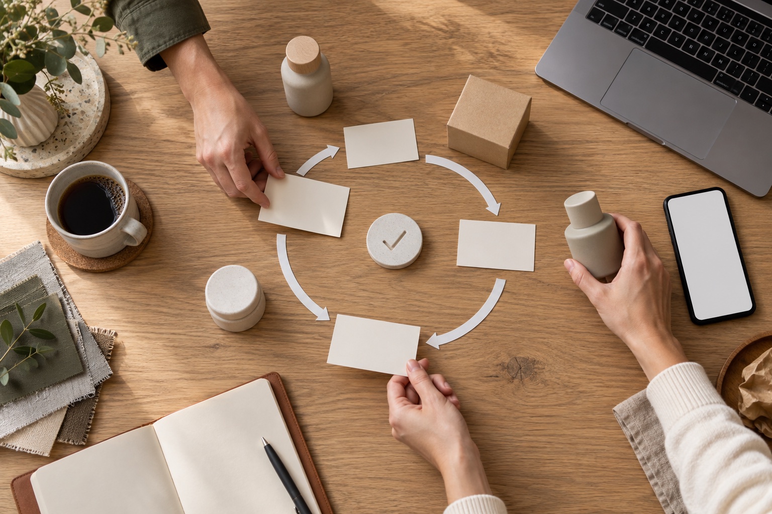 Marketingteam planlægger en agentbaseret kunderejse omkring produktdata og checkout
